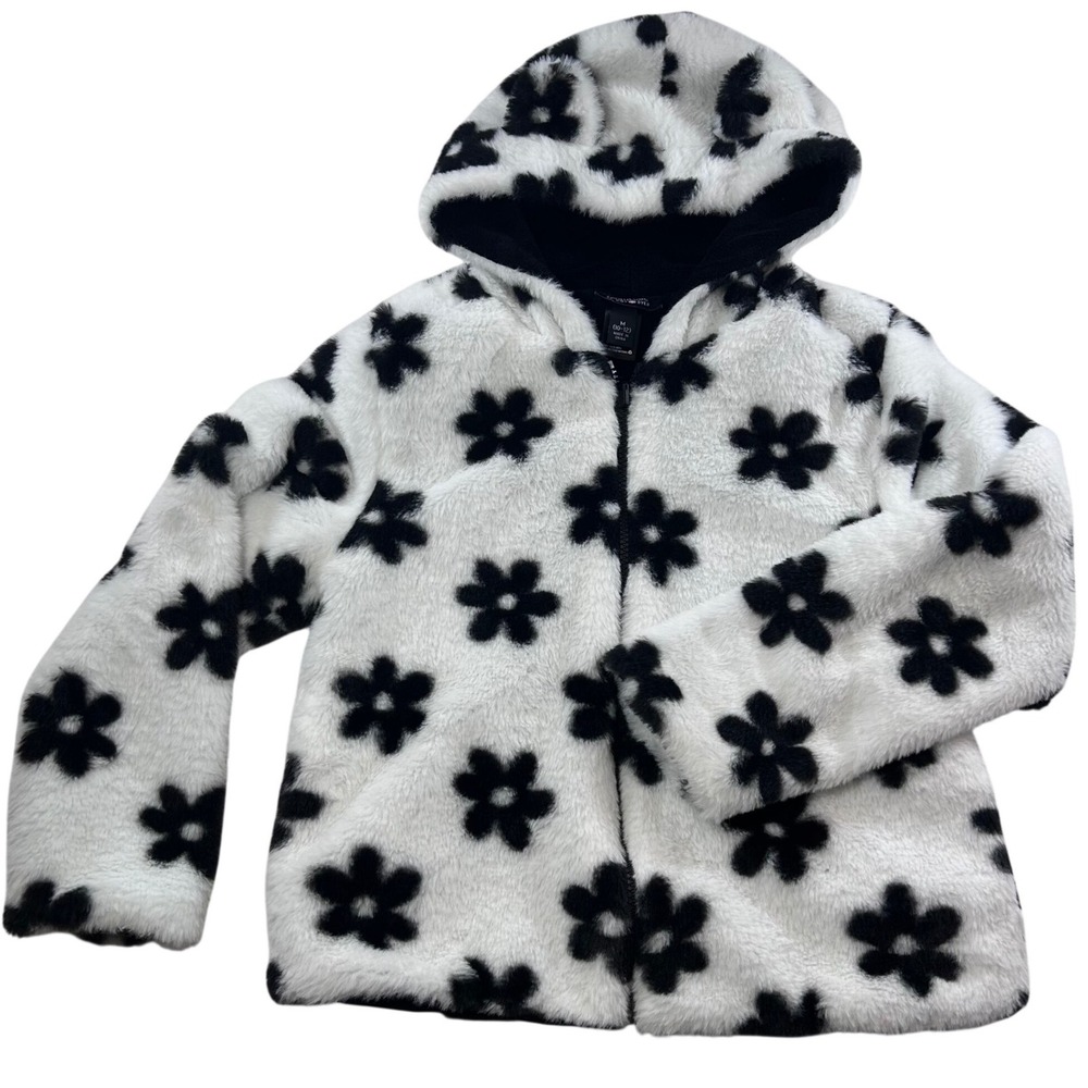 Beautees by Amy Byer Girls Faux Fur Daisy Floral Zip Hoodie Jacket Black White M